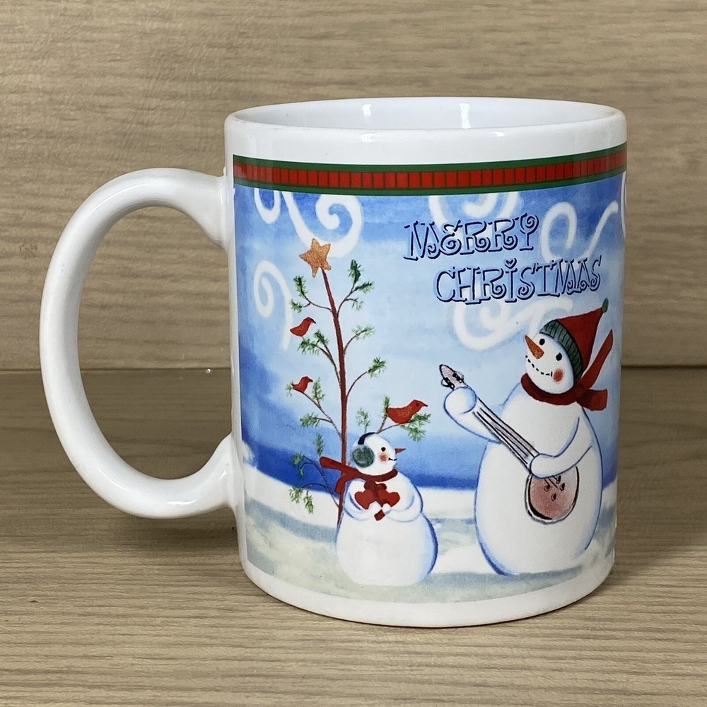 Holiday Mug Snowman Banjo Cardinal Merry Christmas Tree Winter Scene